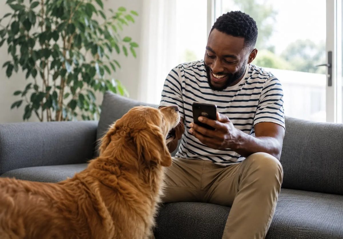A smiling pet owner on the sofa with his golden retriever, using the TailsTap app