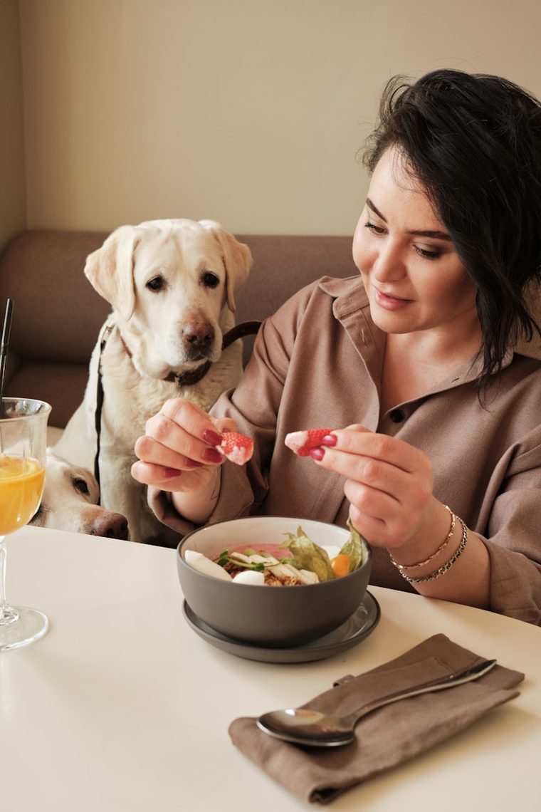 A pet owner enjoying breakfast beside her Labrador